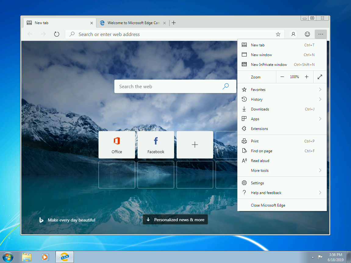 Screen capture showing Microsoft Edge Canary running on Windows 7