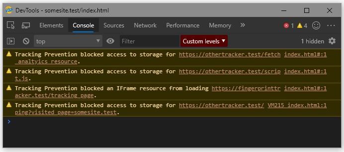 Screenshot showing the Edge DevTools with console messages for tracking prevention enforcement actions.