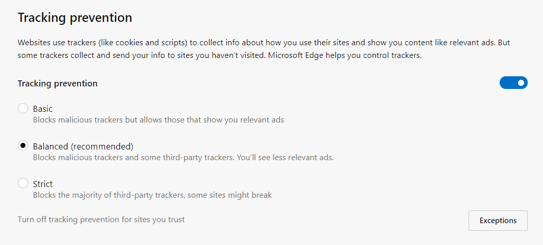 Screenshot showing settings for tracking prevention (with "Basic," "Balanced," and "Strict" options).