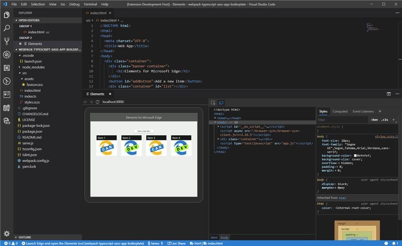 Screen capture showing the Elements for Microsoft Edge extension open in VS Code, with a live preview of a website open