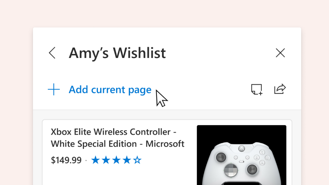 Screenshot of a sample collection titled "Amy's wishlist," with the "Add current page" button highlighted