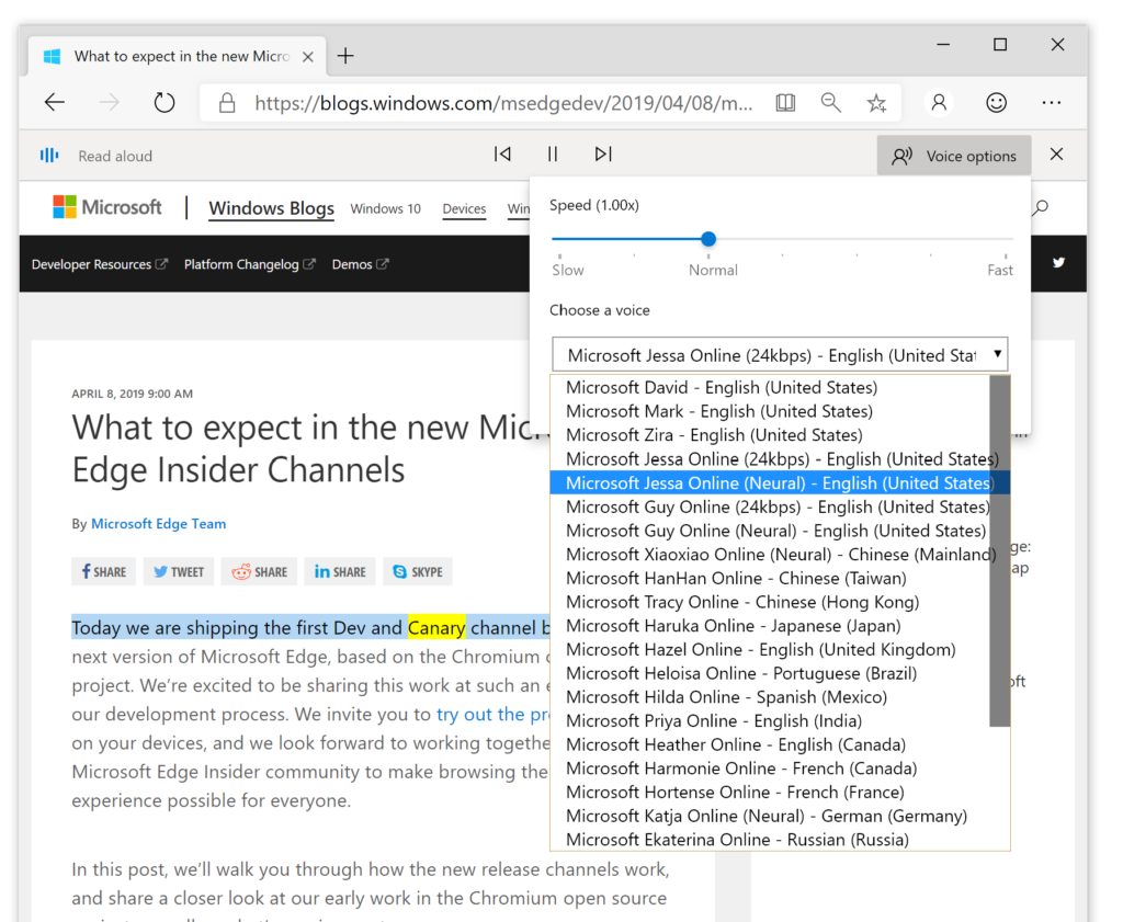 Screen capture showing the "Voice options" menu in Microsoft Edge