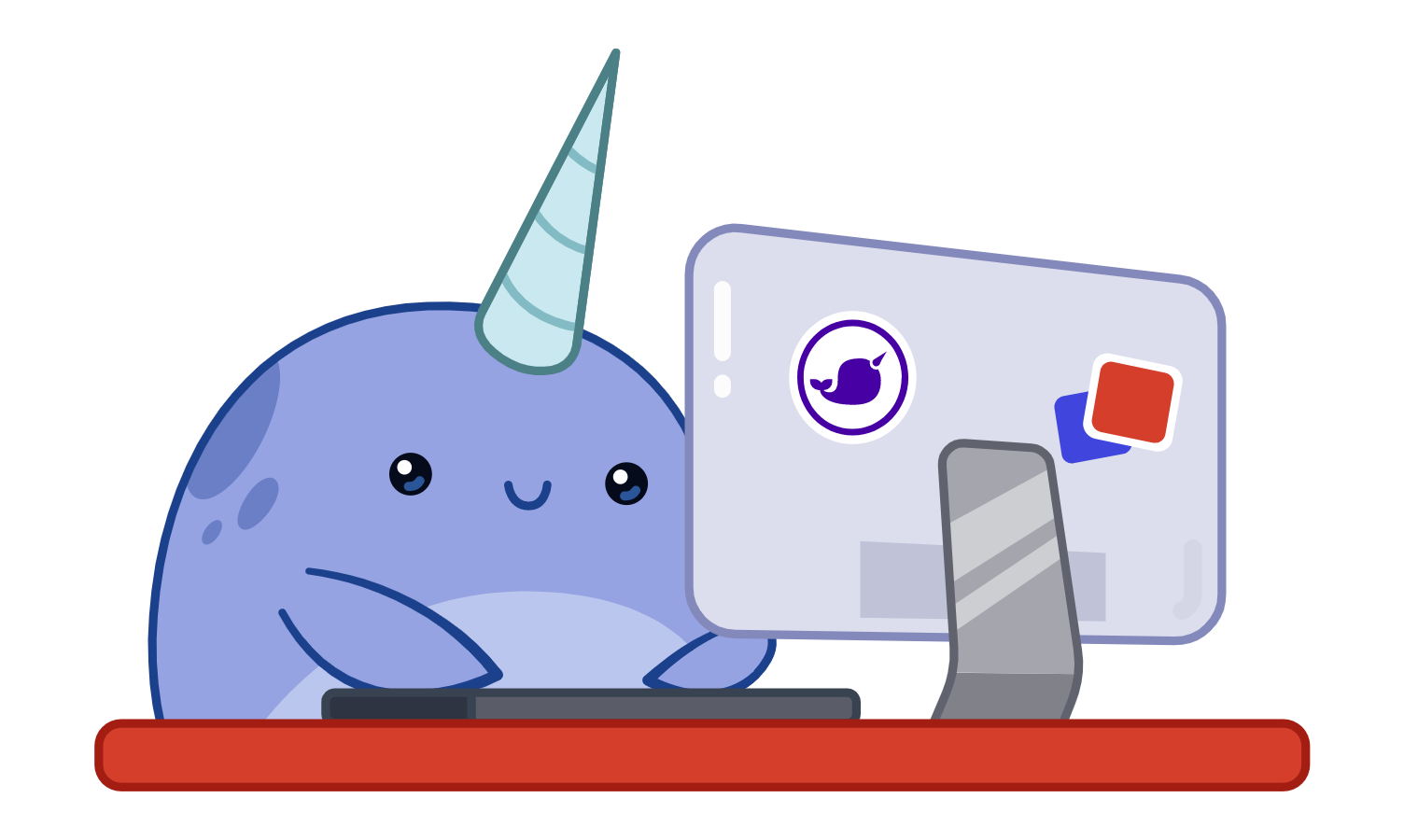 Illustration of the webhint mascot, "Nellie the narwhal," at a computer