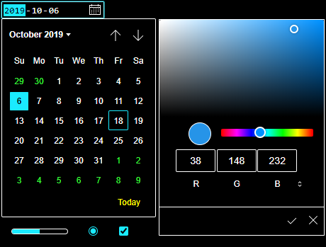Image showing new date and color picker controls in High Contrast mode