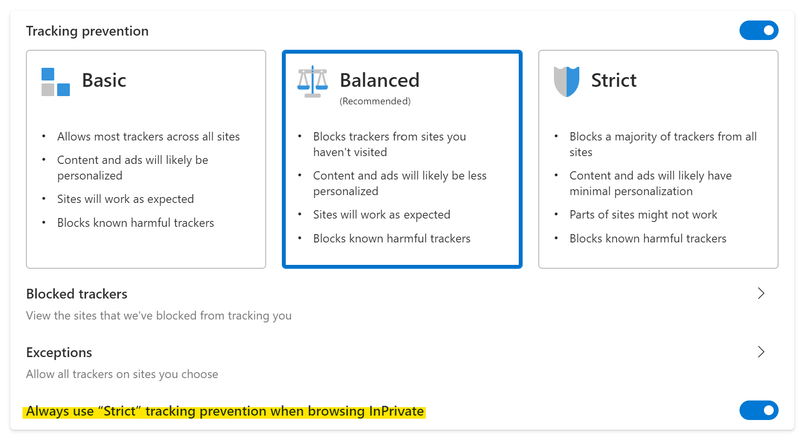 Screen capture showing the "Tracking Prevention" settings pane in Microsoft Edge