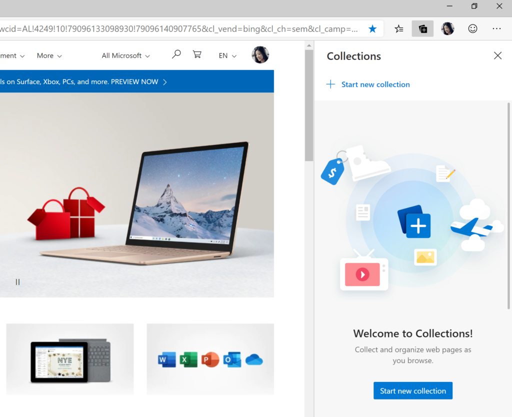 Screenshot showing the Collections pane in Microsoft Edge