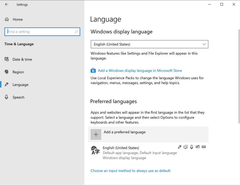 Screen capture showing Language settings in Windows