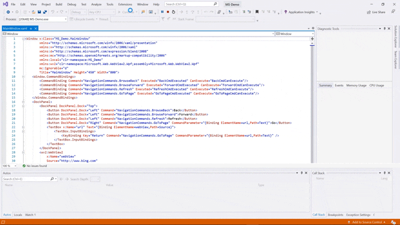 Animation showing a WebView sample launching from Visual Studio