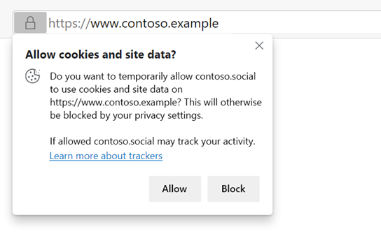 Screen capture showing the "allow cookies and site data?" prompt in Microsoft Edge