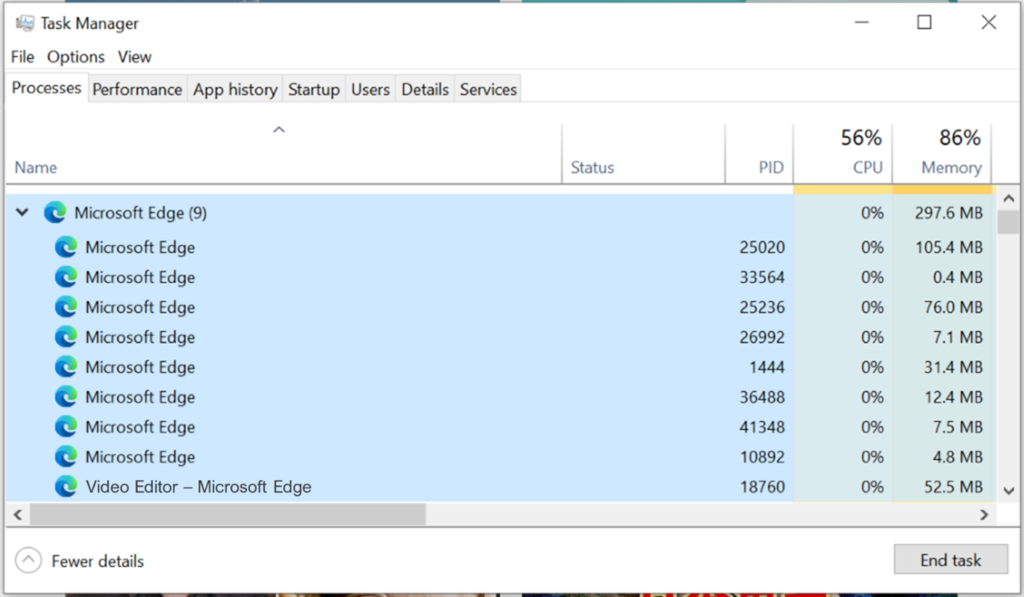 Screenshot showing nine Microsoft Edge processes in the Windows task manager