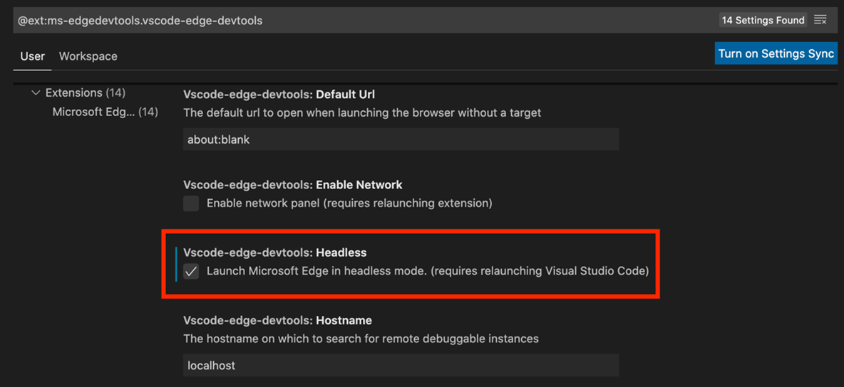 VSCode extension options with the "Headless" option checked
