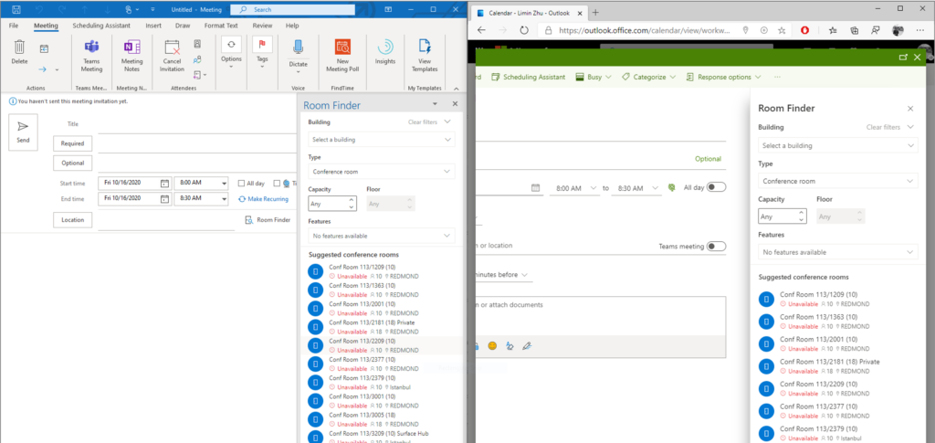 Outlook Web App and Outlook Desktop side-by-side showing the same Room Finder component.