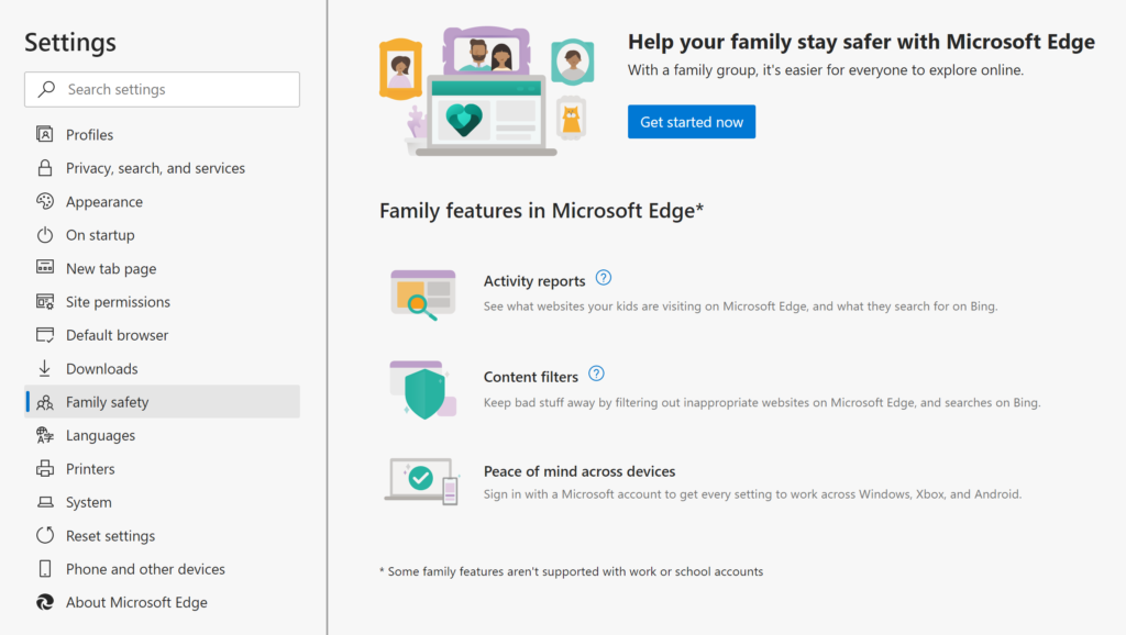 the Family Safety settings page in Microsoft Edge