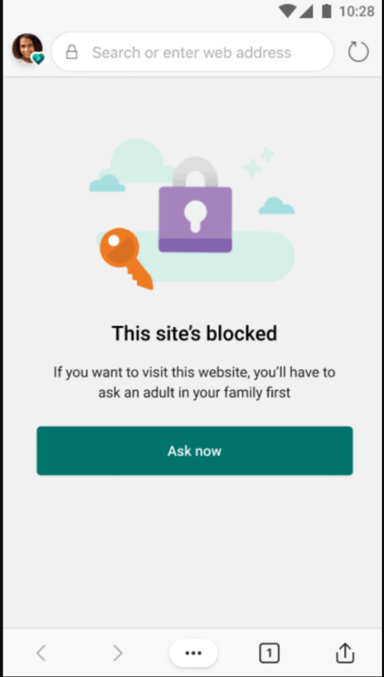 Screenshot of Microsoft Edge's Family Safety feature blocking a site.