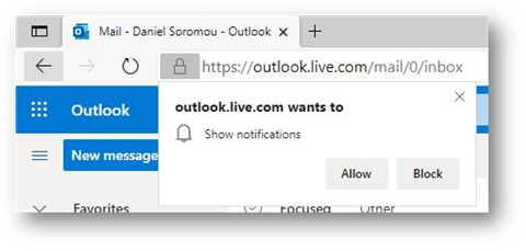 Site information panel in Microsoft Edge showing a request for a site to show notifications