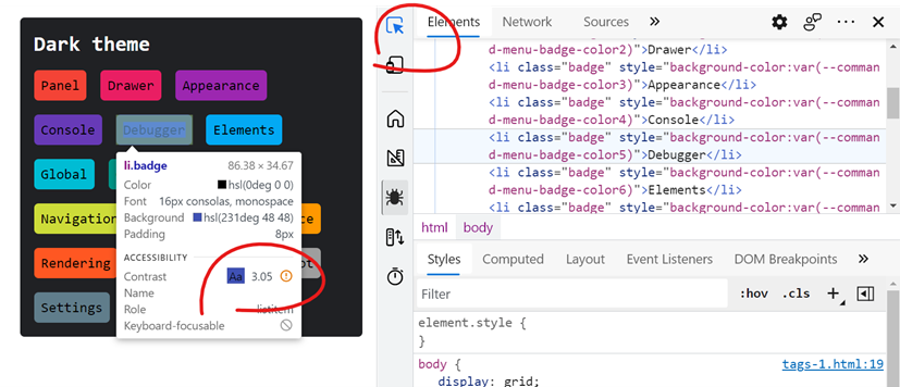 DevTools element inspector showing a contrast warning on a badge