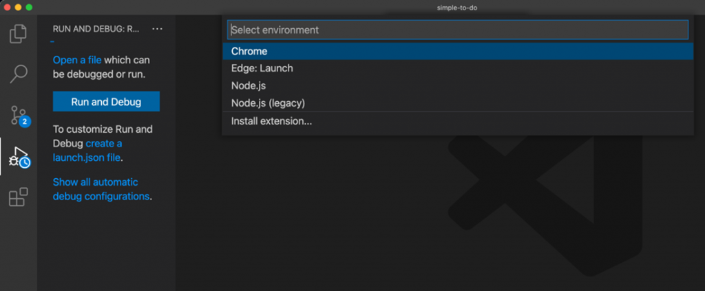 The "Select environment" dropdown in VS Code. The options include Chrome, Edge: Launch, and Node.js.