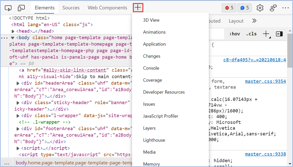 The "plus" button in DevTools, with an expanded menu showing all the available tools.