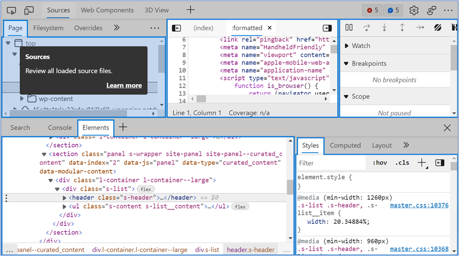 DevTools with Tooltips overlay enabled, showing a tooltip on the Sources pane.
