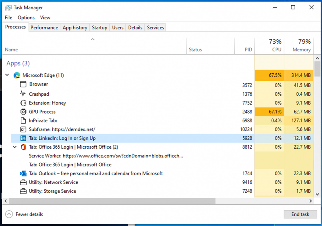 Task Manager showing Microsoft Edge expanded to list various processes and sub-processes, each with a unique name and icon such as "GPU Process," "Extension," etc.