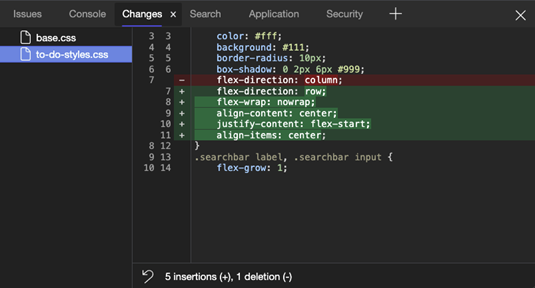 DevTools changes tool showing what was deleted and what was added to a file when editing CSS