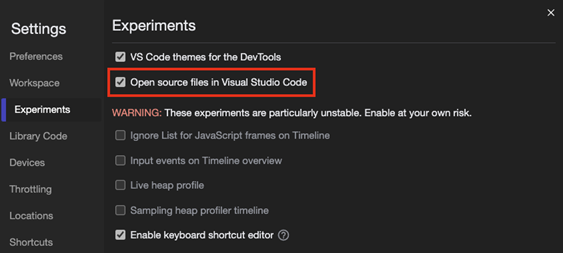 Experiments page in Visual Studio Code with "Open source files in VS Code" experiment highlighted