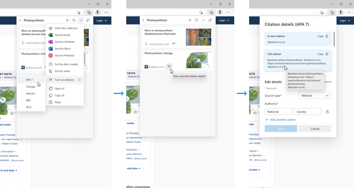 A user flow that shows how to access the Citations feature in Microsoft Edge using Collections by selecting select the Collections icon in the Edge browser, selecting Turn on citations, and choosing a preferred a citation style. 