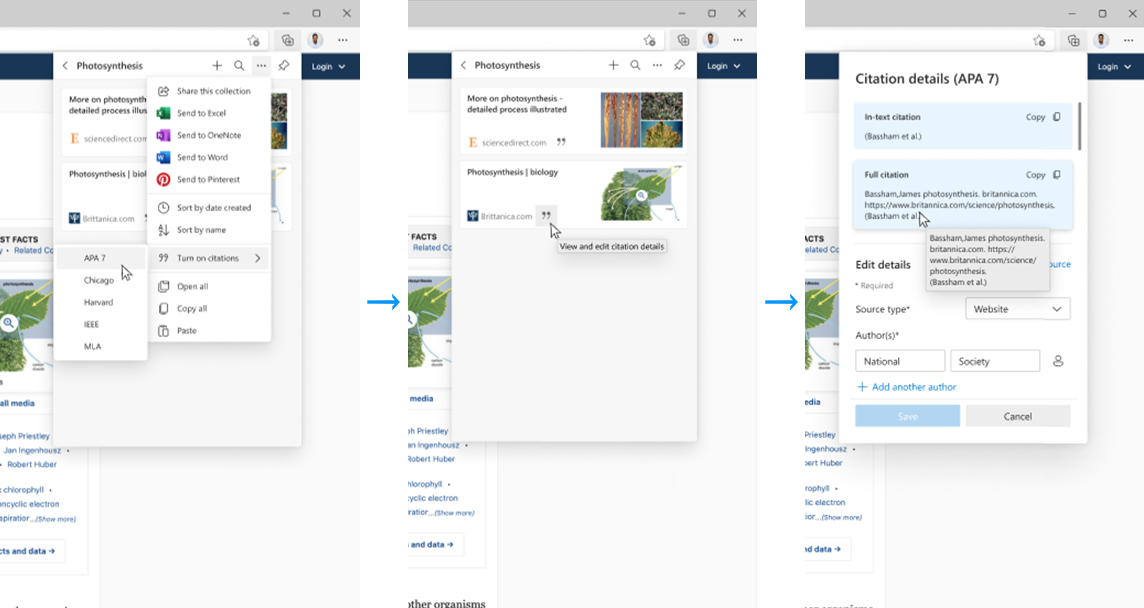 Illustration showing the steps to turn on citations in the collections menu, as described below.