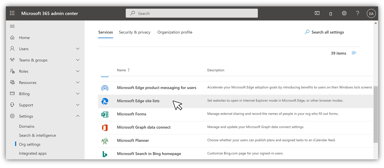 Image of how to access the Cloud Site List Management experience by selecting Microsoft Edge site lists in the M365 admin center.