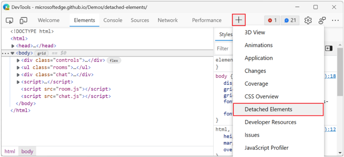"More tools" menu in Edge DevTools with the Detached Elements item highlighted