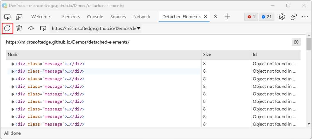 Report of detached elements in the Detached Elements tool