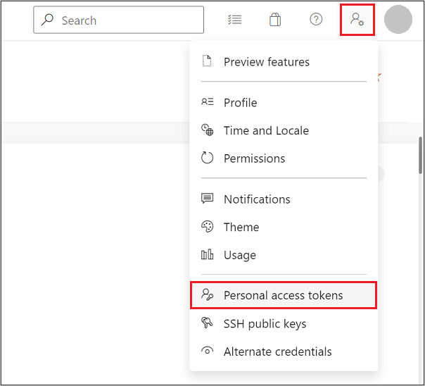 Azure DevOps "User Settings" menu with the "Personal access tokens" item highlighted