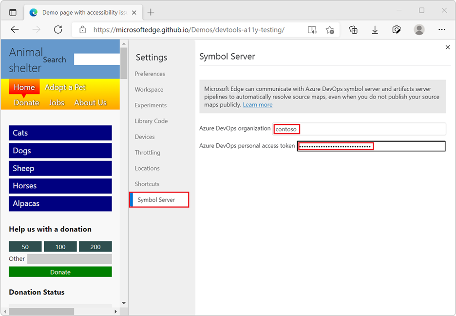 Symbol Server settings in Edge DevTools with the Azure DevOps organization and personal access token fields displayed