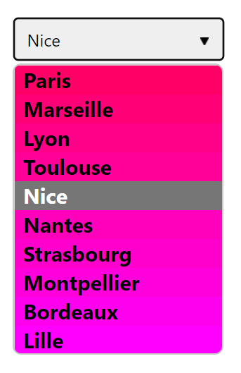 A select element showing a list of French cities, where each option in the drop-down having a different background color.