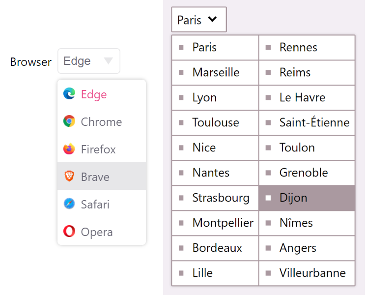 Two examples of a styled selectmenu element. The first one shows a list of browsers. The button part is styled with light grey borders and rounded corners. The listbox part has a light drop-shadow, and the options in the listbox have browser icons next to them. The second example contains a list of French cities as options. The options are organized in 2 vertical columns. Borders are drawn between options. And little square icons are displayed next to each option.