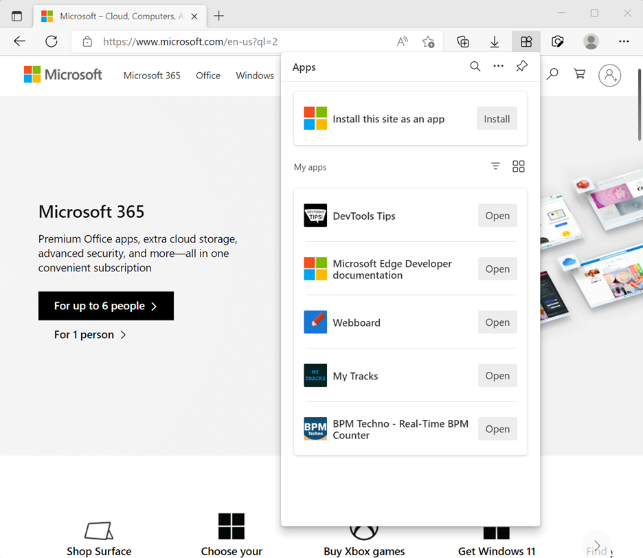The new Apps hub in Microsoft Edge, appearing as a pane below the "Apps" icon to the right of the URL bar.