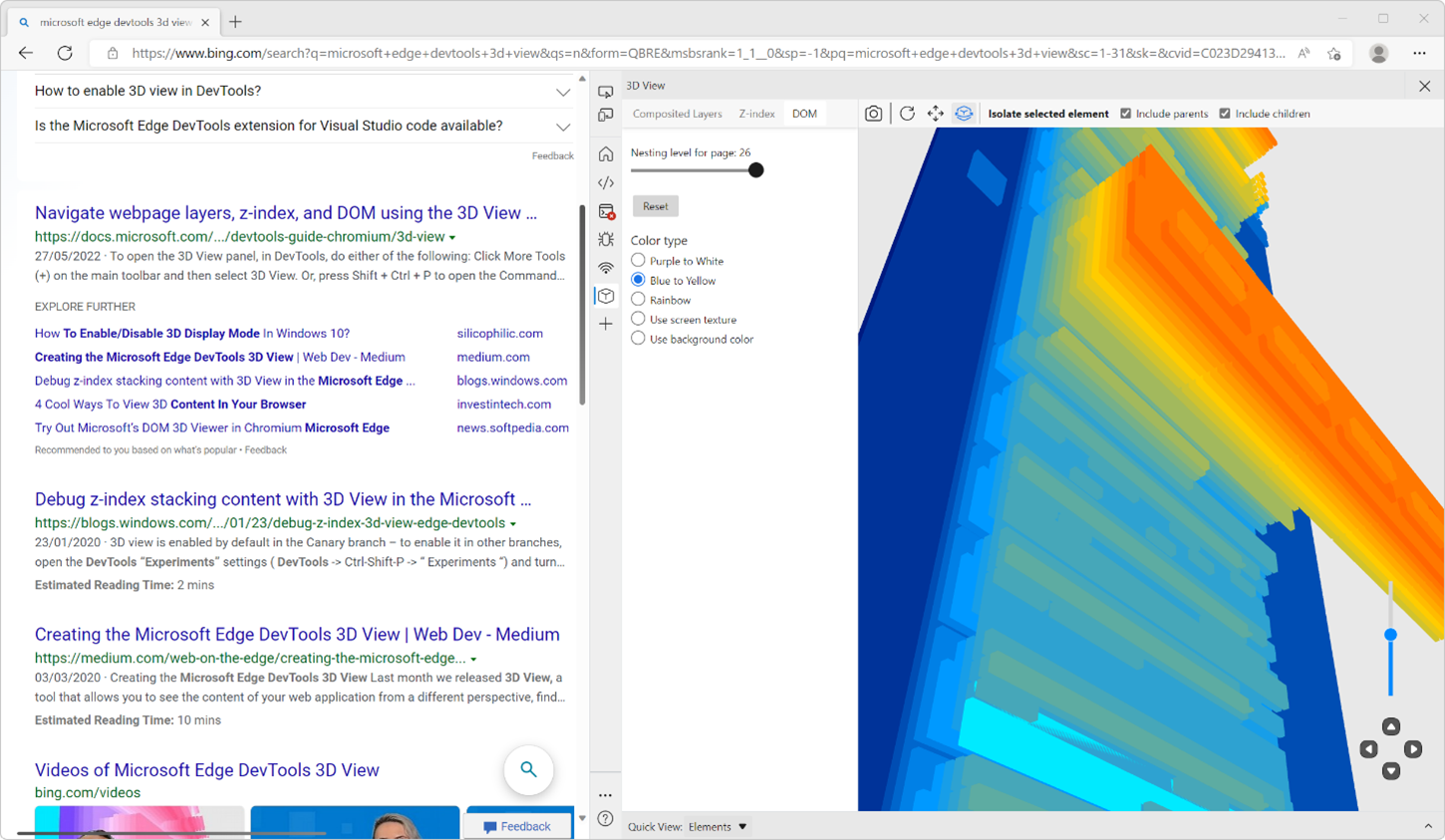 Screenshot of Microsoft Edge, with some Bing.com search results and DevTools opened on the side, showing the page in 3D.