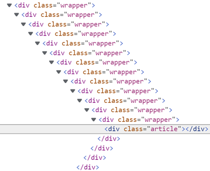 Screenshot of part of a DOM tree as seen in Edge DevTools where many DIV elements are nested into each other.