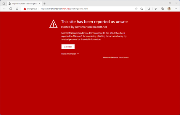 Browser open to a SmartScreen warning page, which reads "This site has been reported as unsafe," with options to "Go back" or expand a dialog for "More information."