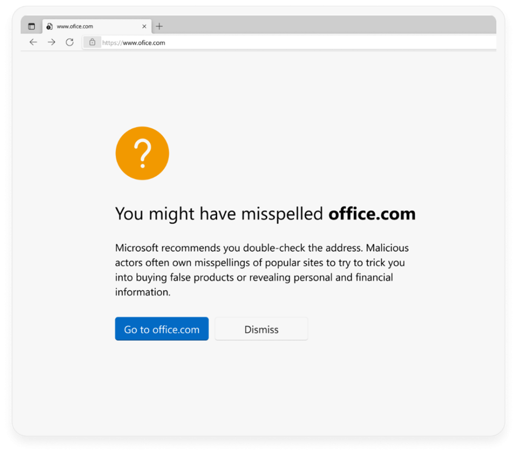 A Microsoft Edge browser window navigating to "ofice.com," incorrectly spelled with one "f." The page content is an interstitial warning page with the header text "You might have misspelled office.com" and buttons to "Go to office.com" or "Dismiss."