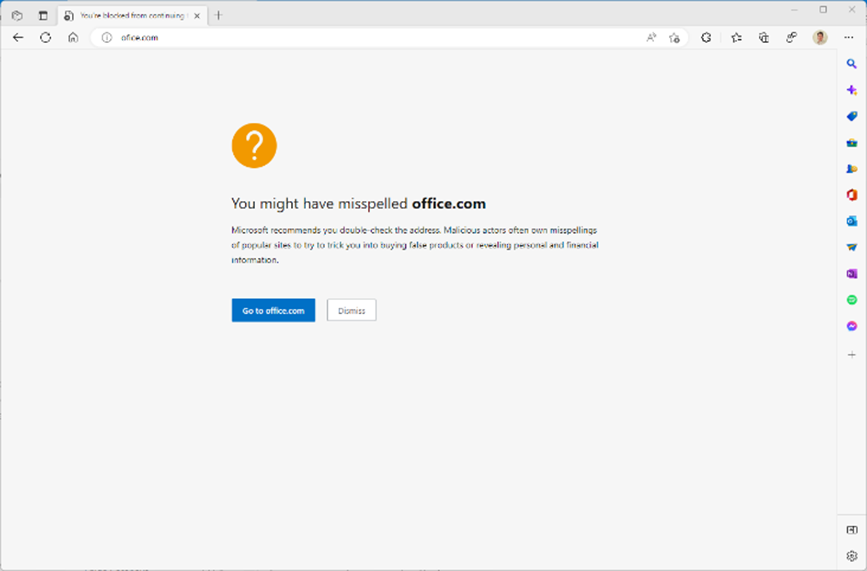 Una notifica a schermo intero avverte l'utente che potrebbe aver sbagliato a scrivere Office.com