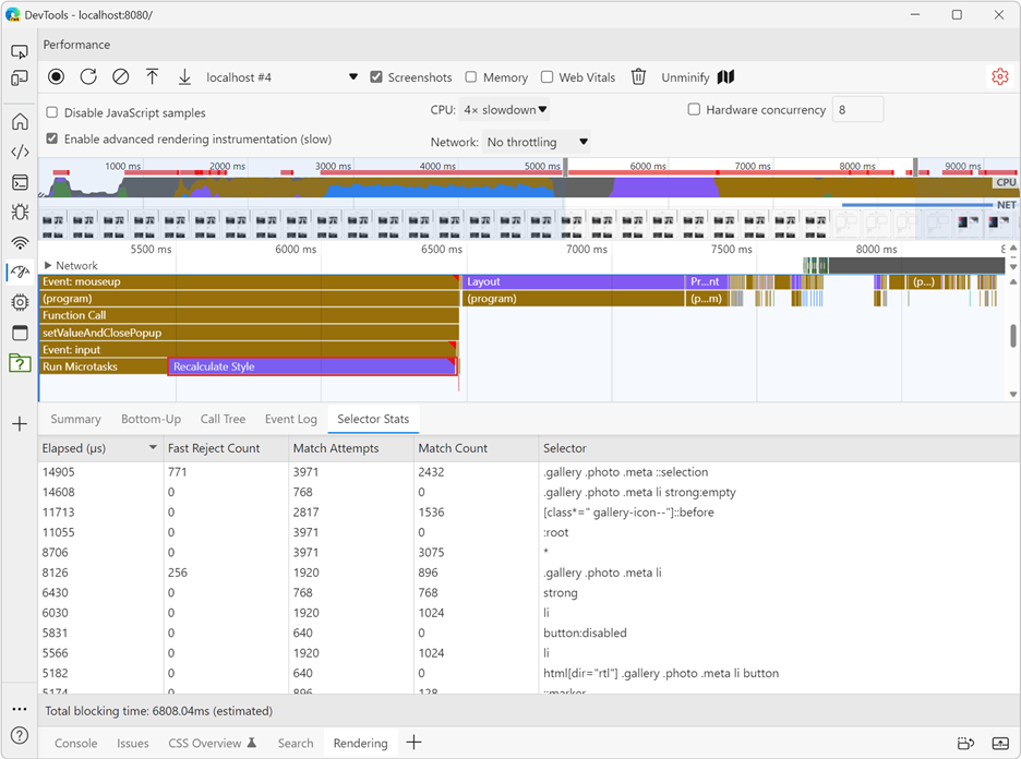The DevTools selector stats pane with results sorted by elapsed time