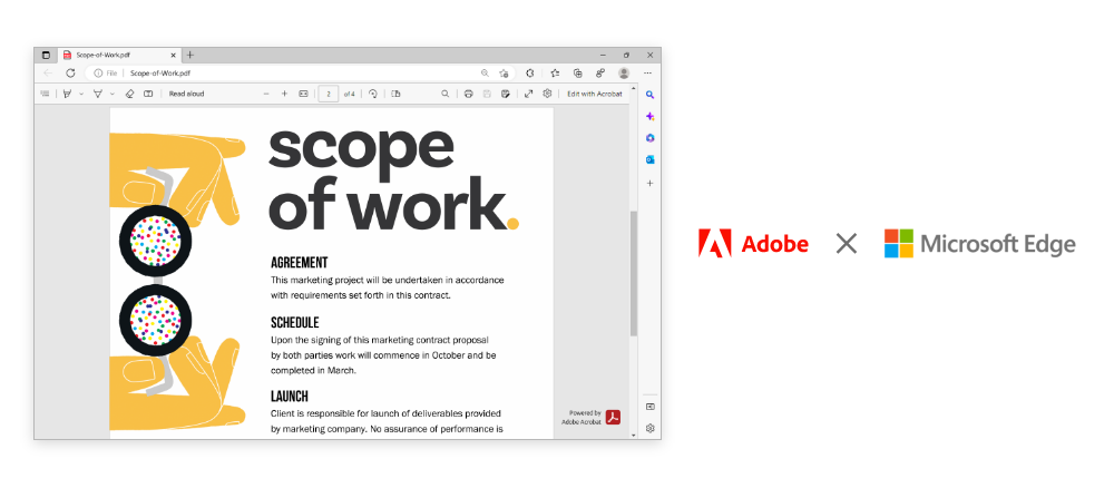 Microsoft Edge displaying a PDF which is "Powered by Adobe Acrobat." Next to the image are the Adobe and Microsoft Edge logos.