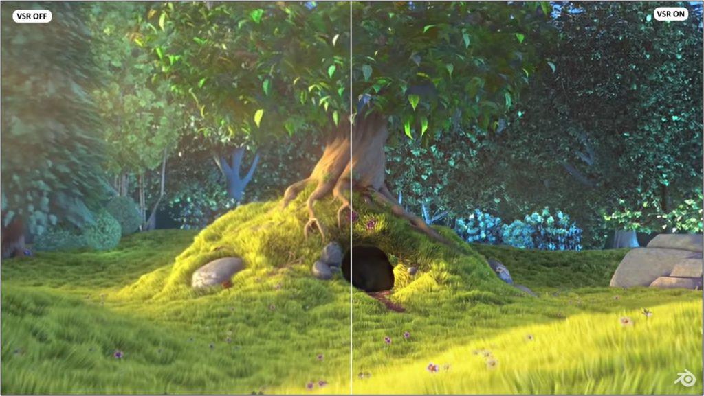 A still from a movie showing an animated scene with an animal nest underneath a tree. The left side is labelled VSR Off and is less sharp than the right side, which is labelled VSR on.