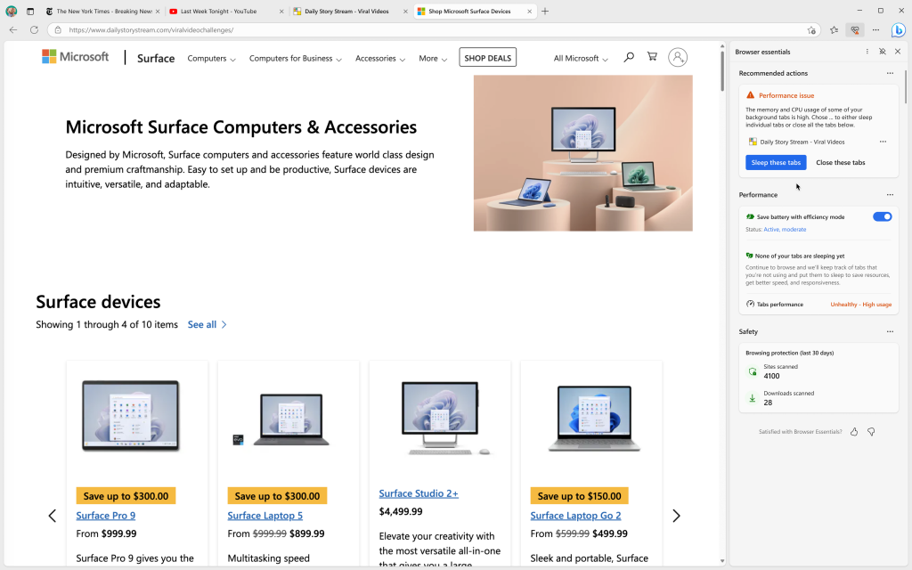 An all-up view of the Browser Essentials hub in Microsoft Edge appearing while the user is browsing the internet. It shows the recommended action for background tabs to be closed to improve browser performance.