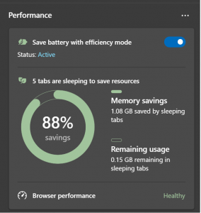 Image of the Performance tool in Browser Essentials. An "efficiency mode" toggle is prominently displayed and a graph shows "88% savings" on memory.