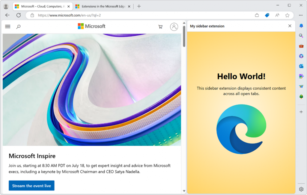 Screen capture showing a "Hello world" sample sidebar extension running alongside a browser tab in Microsoft Edge.