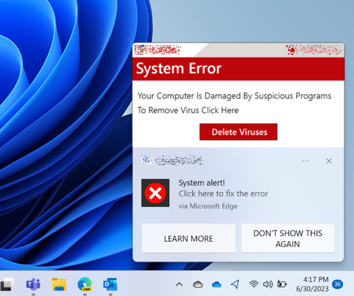A notification dialog on the Windows Desktop. The dialog uses images and misleading text to appear to be a system error message.