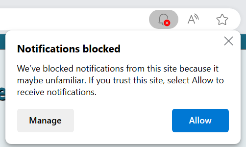 The "bell" icon in the URL bar is expanded to show a dialog titled "Notifications block" with the text "We've blocked notifications from this site because it may be unfamiliar. If you trust this site, select Allow to receive notifications." There are buttons to "Manage" and "Allow."