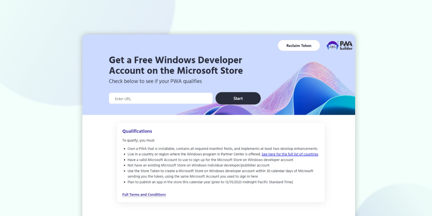 Screen capture from PWAbuilder.com showing a form to redeem a free developer account on the Microsoft Store. The page has a field to enter a URL to a PWA, and a list of qualifications to be eligible for the offer.